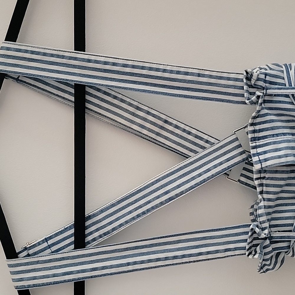 Kittenish Blue and White Striped Overall Shorts - Picture 2 of 6